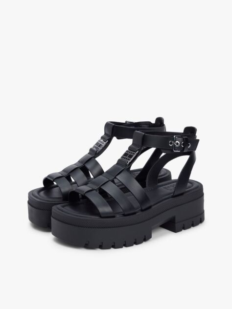 Black Leather Chunky Cleat Fisherman Sandals  Women