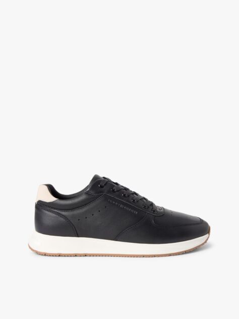 Black Debossed Leather Fine Cleat Trainers  Men