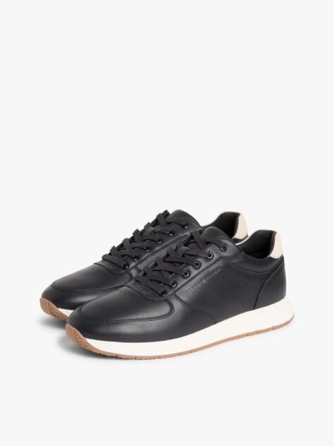 Black Debossed Leather Fine Cleat Trainers  Men