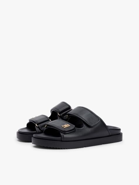 Black Leather TH Monogram Double Strap Sandals  Women