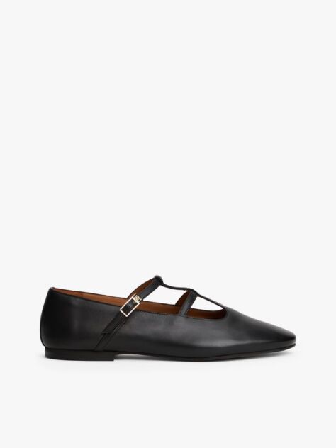 Black Leather Double T-Bar Ballerinas  Women