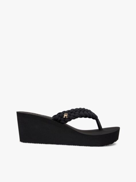 Black Braided Strap Wedge Flip-Flops  Women