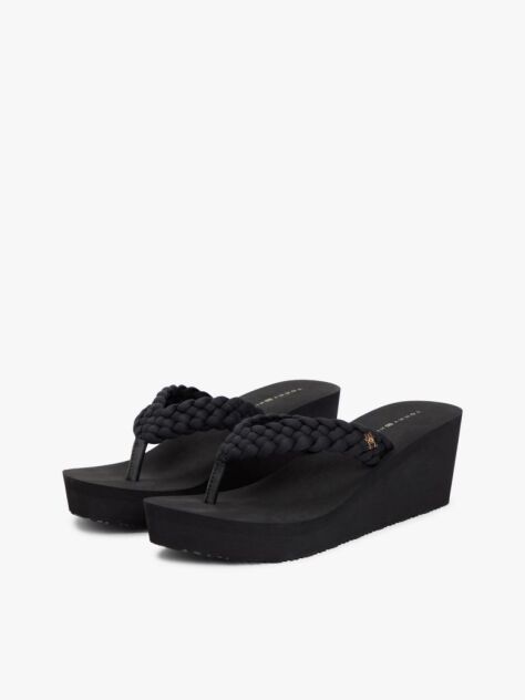 Black Braided Strap Wedge Flip-Flops  Women