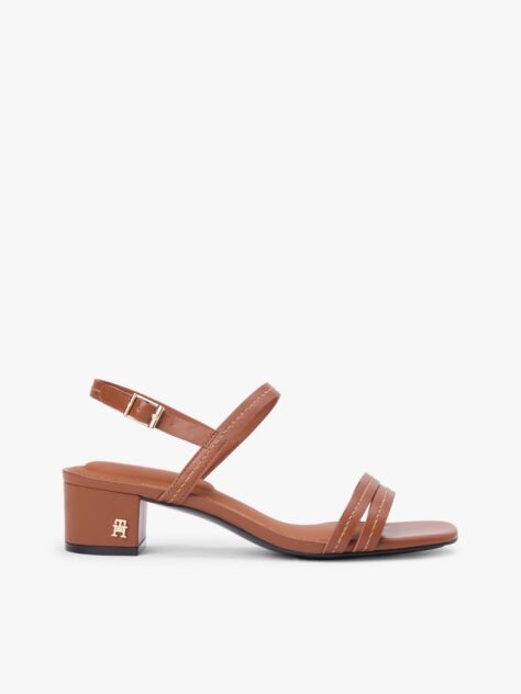 Brown Leather Contrast Topstitch Block Heel Sandals  Women