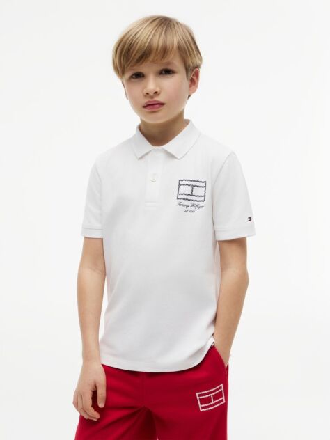 White Regular Fit Outline Flag Pique Polo Shirt  Boys