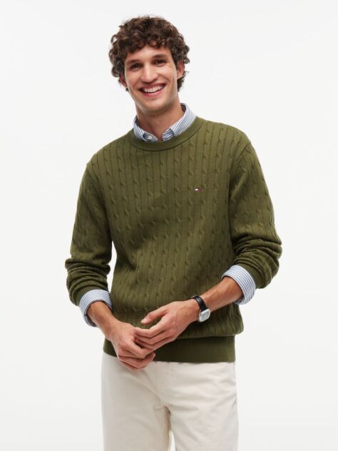 Green Cable Knit Crew Neck Jumper  Men