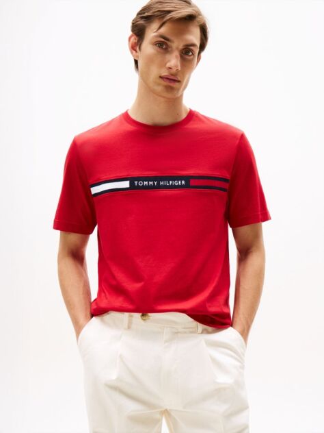 Red Crew Neck Logo Panel T-Shirt  Men