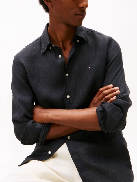 Black Regular Fit Washed Pure Linen Shirt  Men
