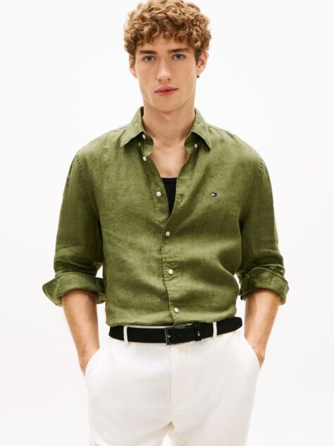 Green Regular Fit Washed Pure Linen Shirt  Men