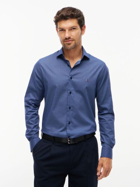 Blue Slim Fit Micro Print Poplin Shirt  Men