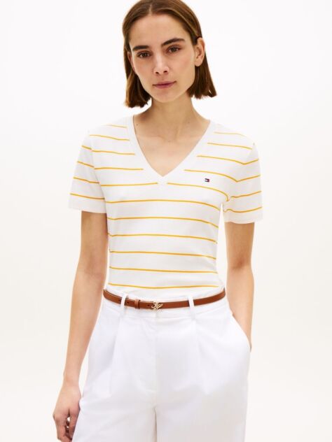 Multi Ribbed V-Neck Slim Fit T-Shirt  Women