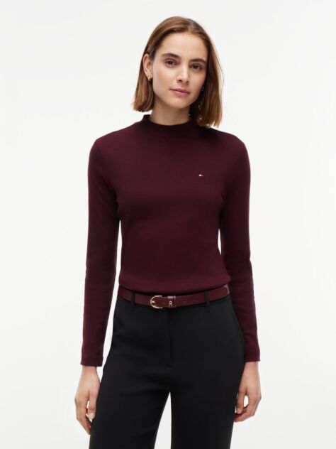 Red Mock Neck Slim Long Sleeve Top  Women