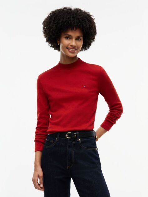 Red Mock Neck Slim Long Sleeve Top  Women