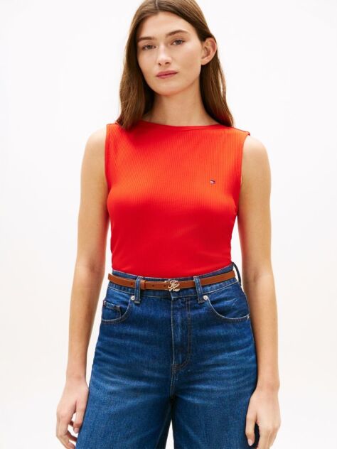 Red Ribbed Slim Boat Neck Tank Top  Women