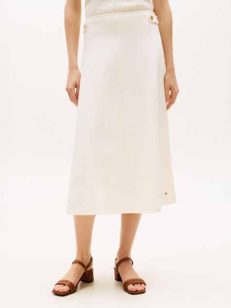 Beige Gold-Tone Button Interlock Knit Midi Skirt  Women