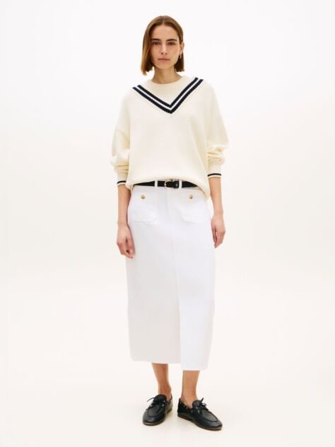 White Gold-Tone Button White Denim Midi Skirt  Women