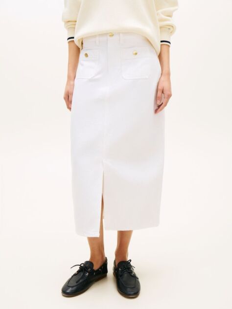 White Gold-Tone Button White Denim Midi Skirt  Women