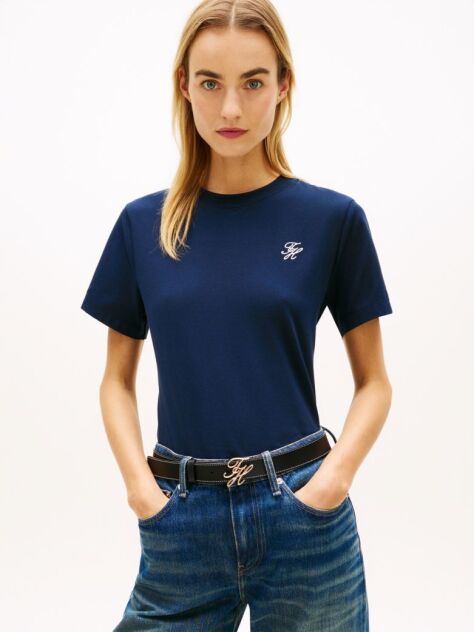 Blue Logo Embroidery Jersey Crew Neck T-Shirt  Women