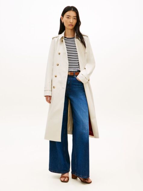 Beige Gold-Tone Button Slim Trench Coat  Women