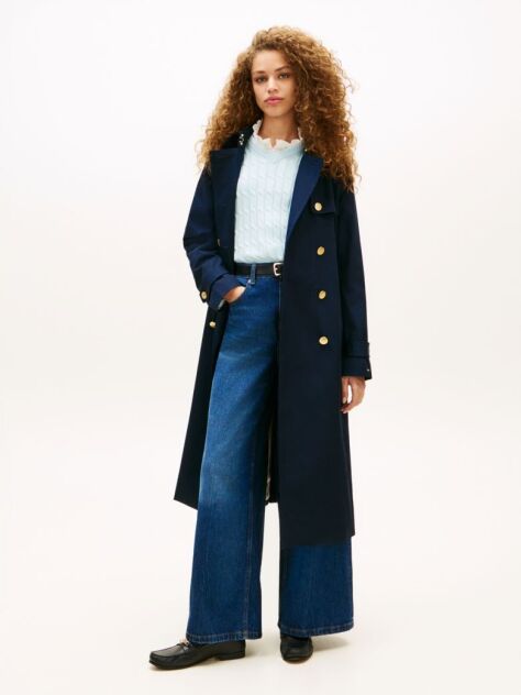 Blue Gold-Tone Button Slim Trench Coat  Women