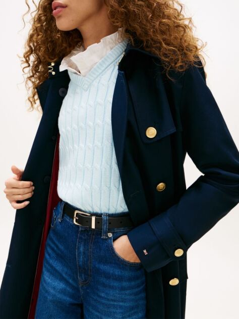 Blue Gold-Tone Button Slim Trench Coat  Women