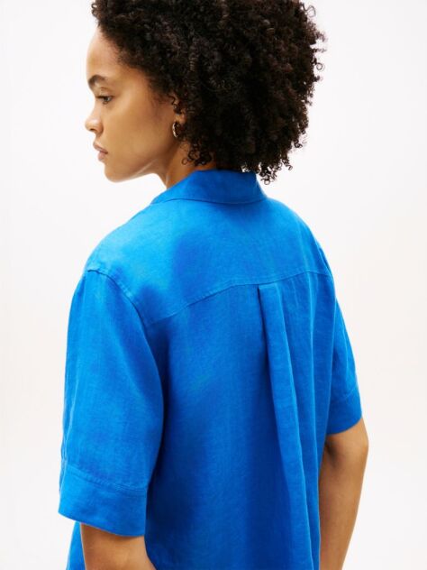 Blue Relaxed Fit Pure Linen Short Sleeve Shirt  Women