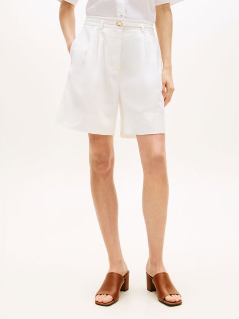 White Linen Blend Wide Leg Shorts  Women