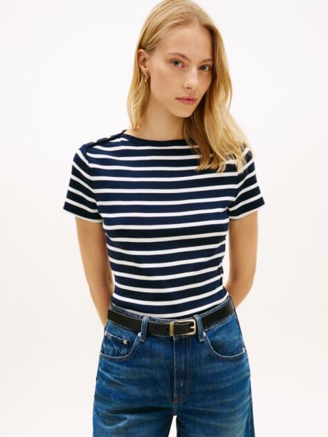 Multi Gold-Tone Button Slim Boat Neck T-Shirt  Women