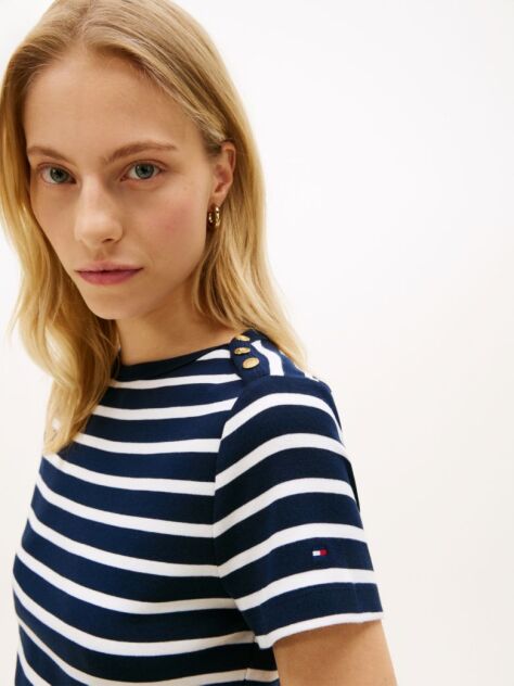 Multi Gold-Tone Button Slim Boat Neck T-Shirt  Women