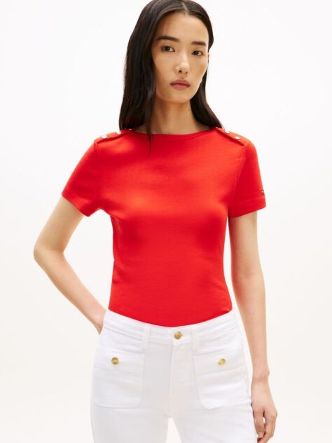 Red Gold-Tone Button Slim Boat Neck T-Shirt  Women