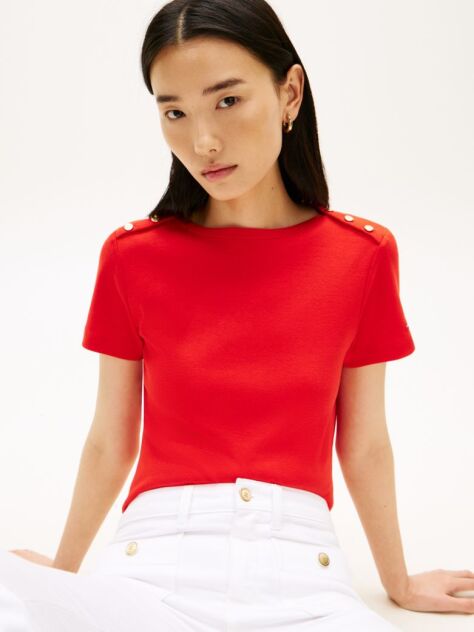 Red Gold-Tone Button Slim Boat Neck T-Shirt  Women