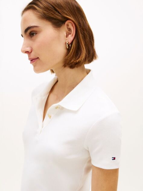 White Slim Fit Gold-Tone Button Polo Shirt  Women