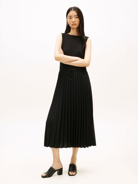 Black Pleated Sleeveless Slim Midi Dress  Women