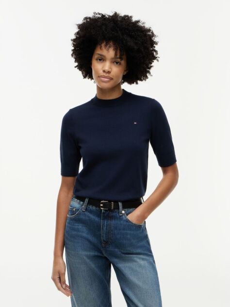 Blue Fine Knit Jersey Short Sleeve Jumper  Women