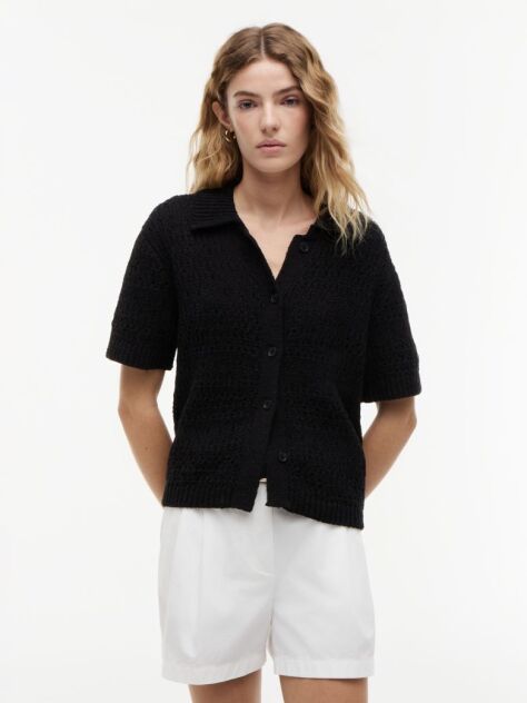 Black Weave Polo Relaxed Short Sleeve Cardigan  Women