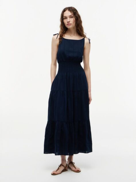 Blue Seersucker Smock Tie Strap Midi Dress  Women