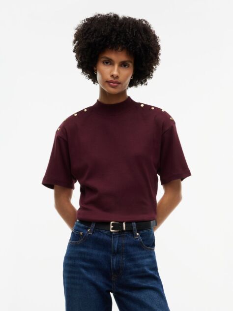 Red Gold-Tone Button Mock Neck T-Shirt  Women