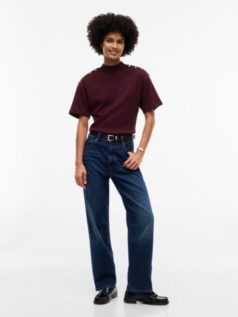 Red Gold-Tone Button Mock Neck T-Shirt  Women
