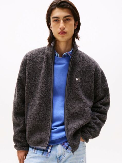 Black Tommy Badge Teddy Zip-Thru Relaxed Sweatshirt  Men