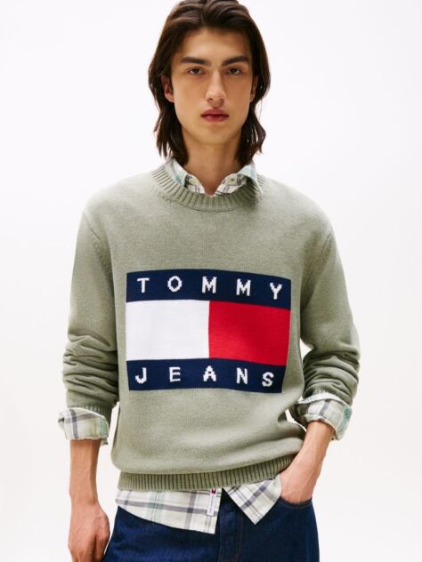 Green Intarsia Flag Badge Mélange Jumper  Men