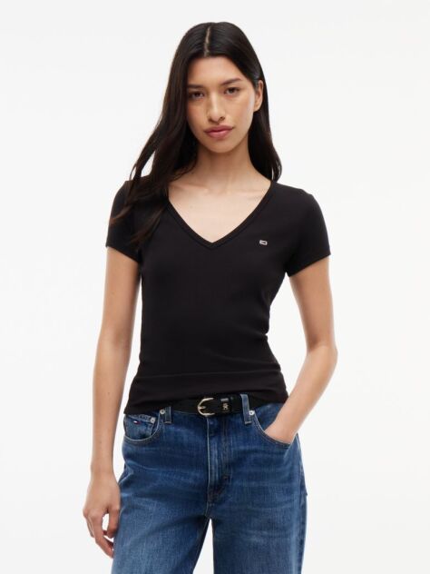 Black Essential V-Neck Slim Fit T-Shirt  Women
