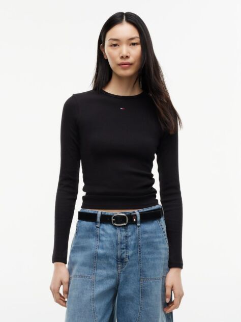 Black Ribbed Slim Long Sleeve T-Shirt  Women