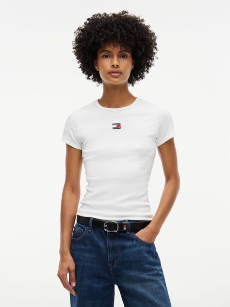 Beige Tommy Badge Ribbed Slim T-Shirt  Women