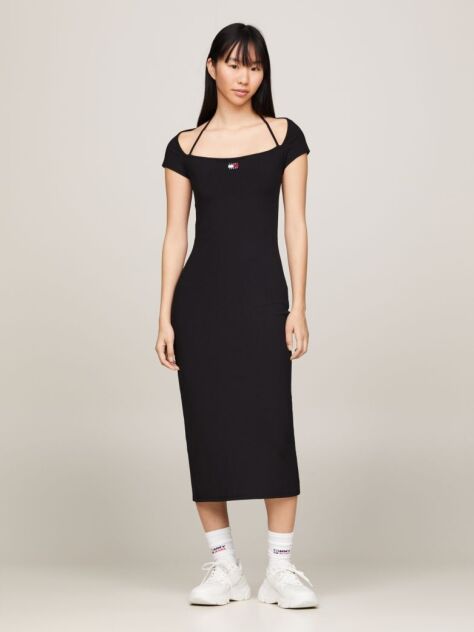 Black Tommy Badge Bodycon Ribbed Midi Dress  Women