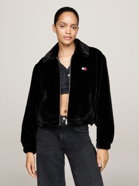 Black Faux Fur Zip-Thru Cropped Jacket  Women