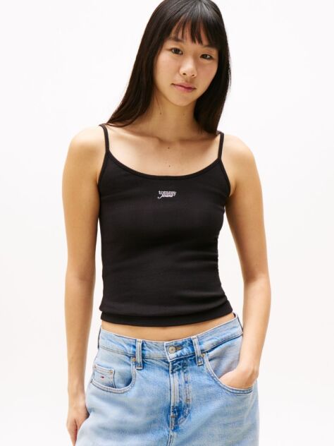 Black Ribbed Slim Spaghetti Strap Top  Women