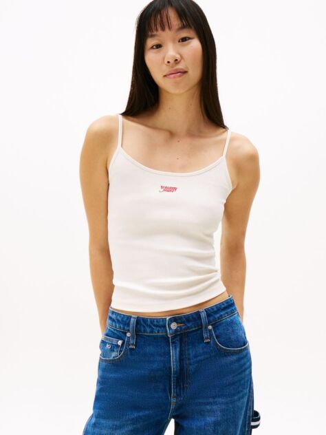 White Ribbed Slim Spaghetti Strap Top  Women