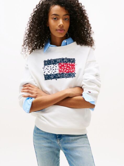 White Relaxed Floral Flag Crew  Women