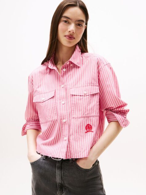 Multi Crest Embroidery Relaxed Fit Cropped Shirt  Women