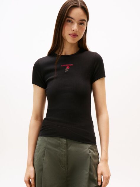 Black Logo Embroidery Slim T-Shirt  Women